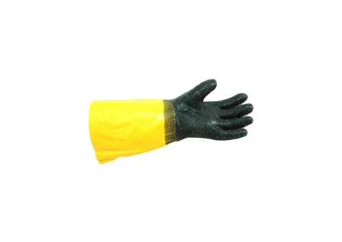 Kjemikalie hanske, sort med gul mansjett. Glatt eller ru i grep.  40cm